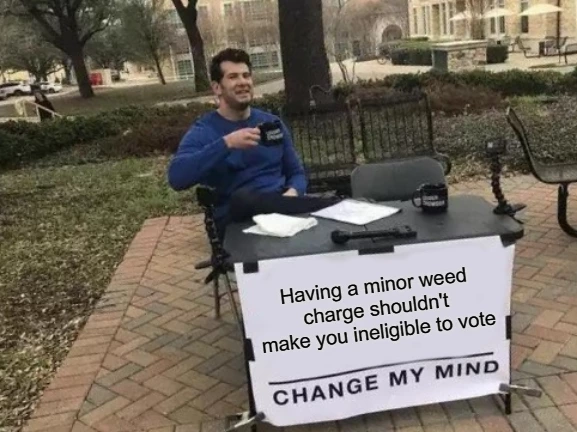 Having a minor weed charge shouldn't make you ineligible to vote meme