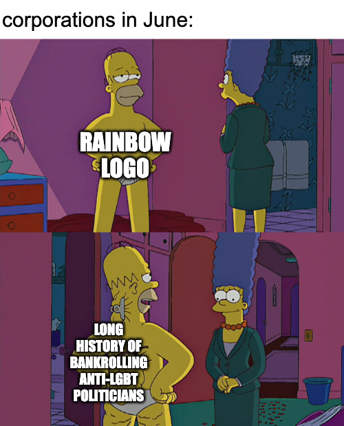 Corporations with a rainbow logo in June Pride Month meme