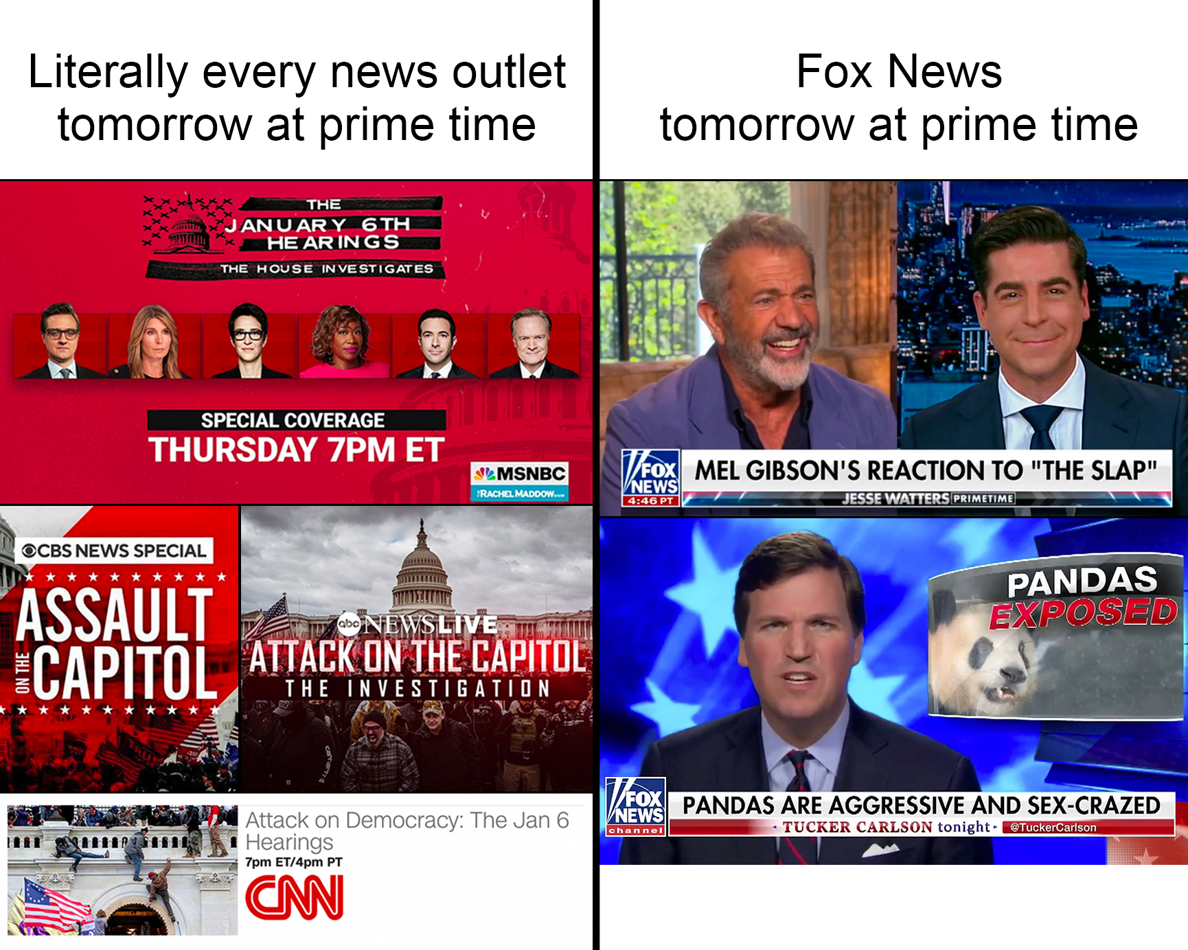Every news outlet at prime time Jan 6th investigation meme