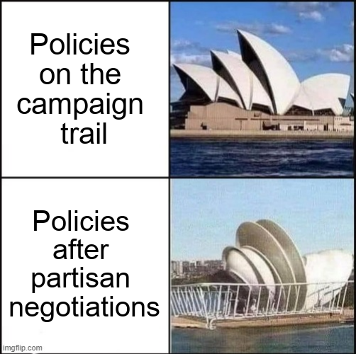 Policies on the campaign trail vs after partisan negotiations meme