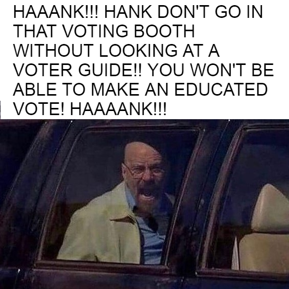 Hank don't go in that voting booth without looking at a voter guide meme