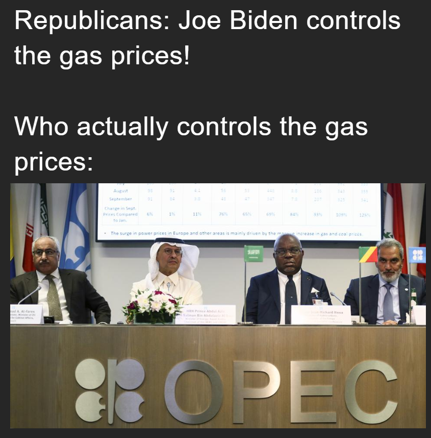 Republicans: Joe Biden controls the gas prices vs who actually controls the gas prices meme