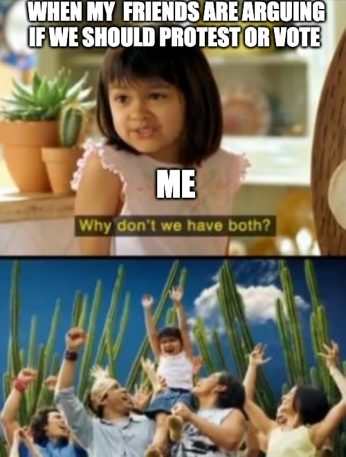When my friends are arguing if we should protest or vote meme