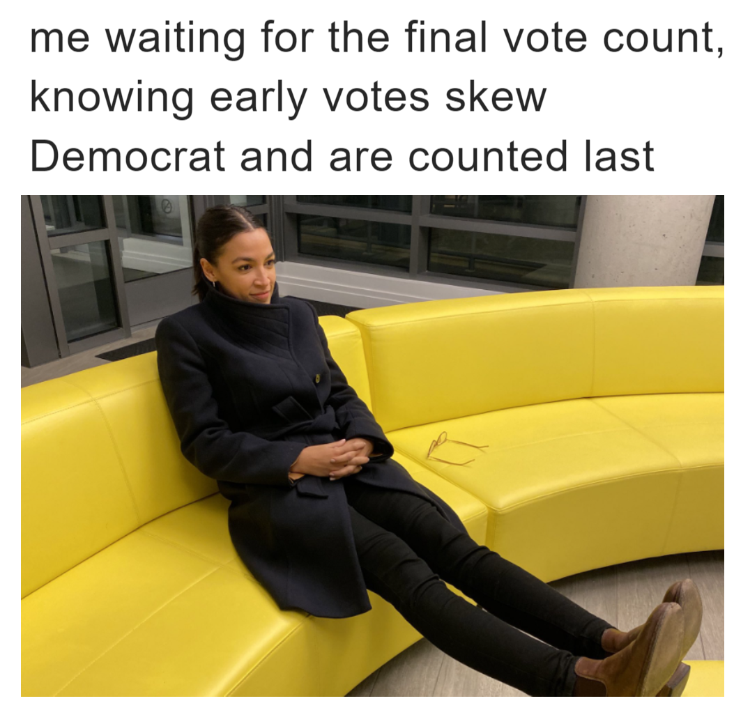Me waiting for the final vote count, knowing early votes skew Democrat and are counted last meme