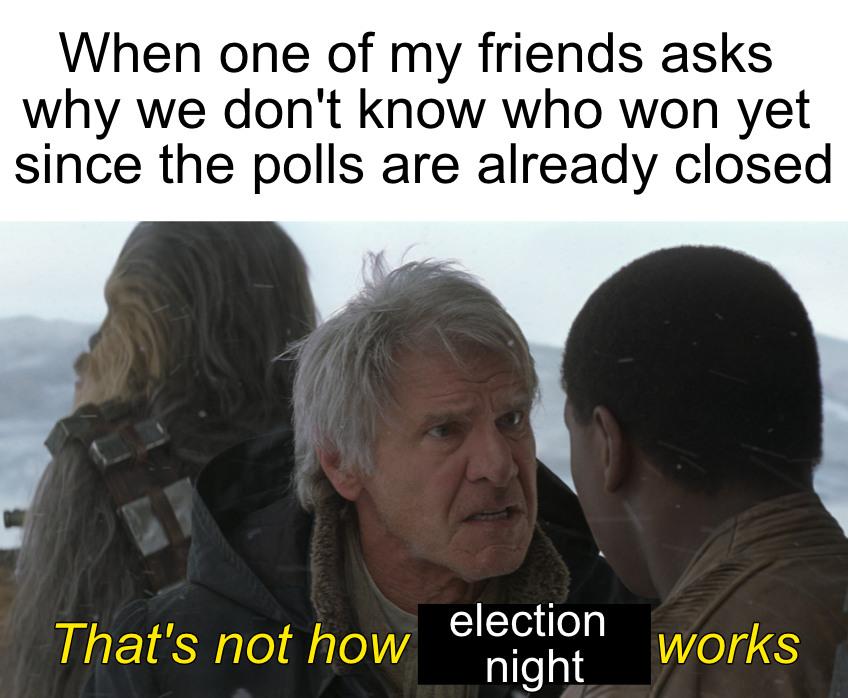 When one of my friends asks why we don't know who won yet since the polls are already closed meme