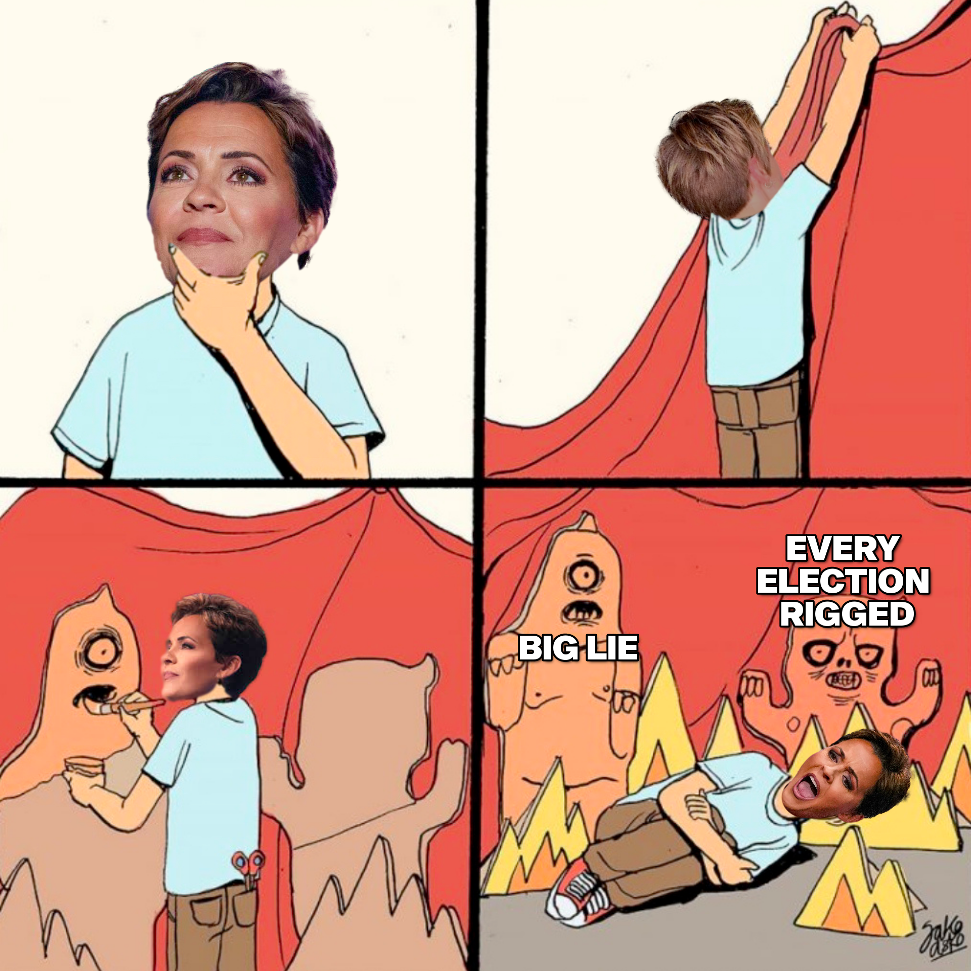 Kari Lake believing the big lie that every election is rigged meme