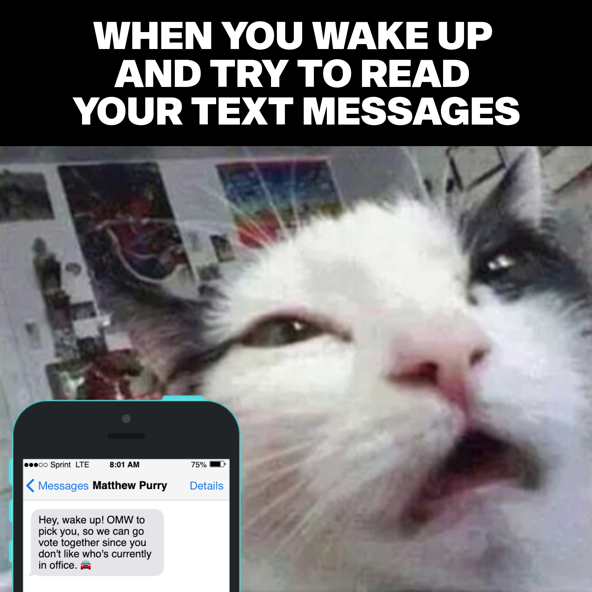 When you wake up and try to read your text messages meme