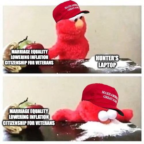 MAGA choosing Hunter's laptop over marriage equality, lowering inflation, and citizenship for veterans meme