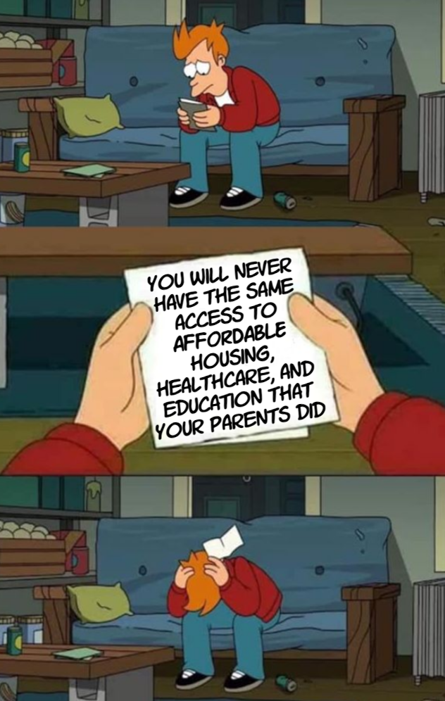 You will never have the same access to affordable housing, healthcare, and education that your parents did meme