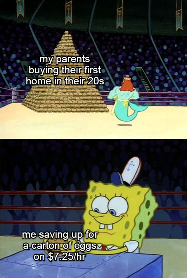 My parents buying their first home in their 20s vs me saving up for a carton of eggs on $7.25/hr meme