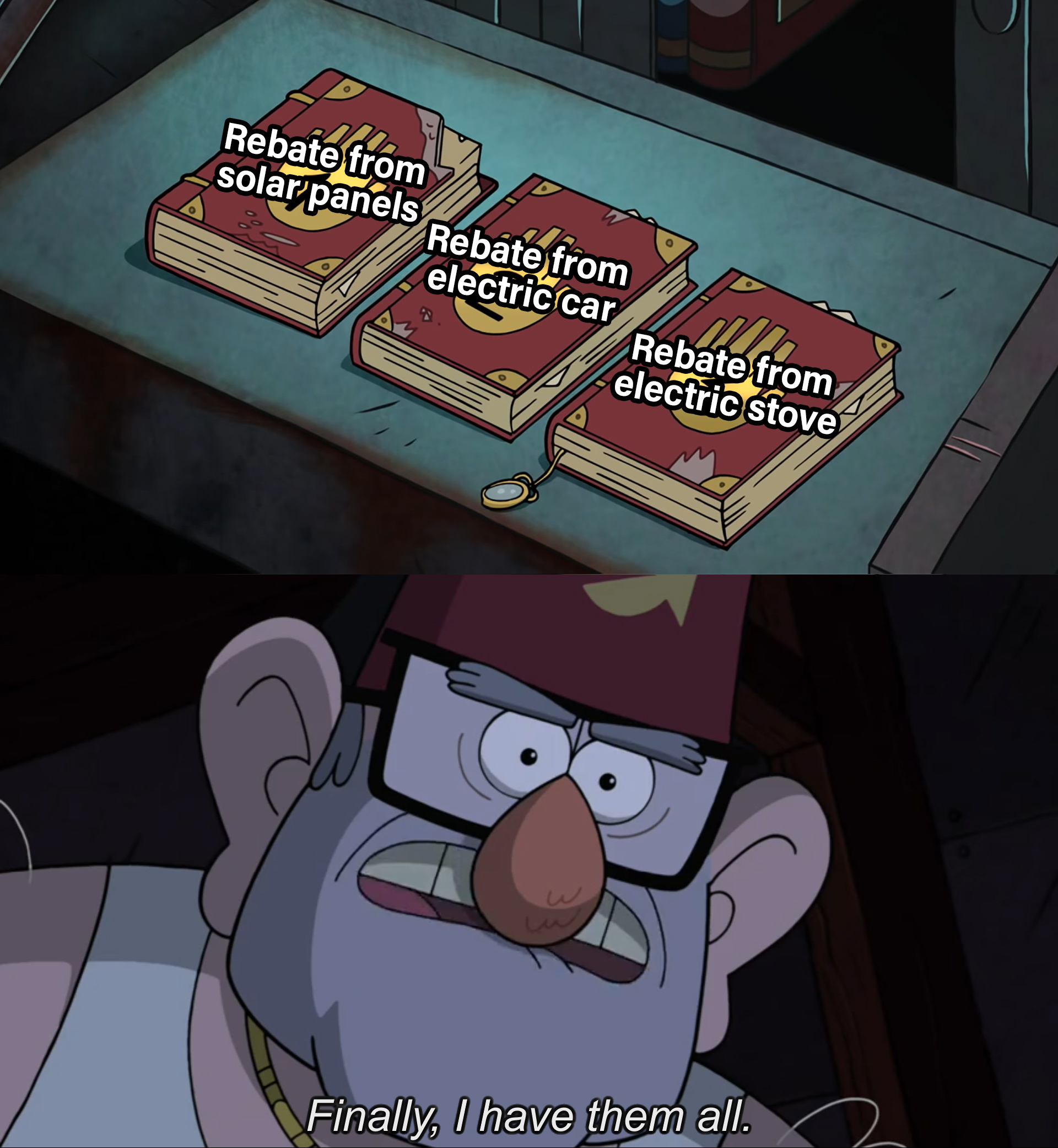 Finally, I have them all - rebates from solar panels, electric car, and electric stove meme