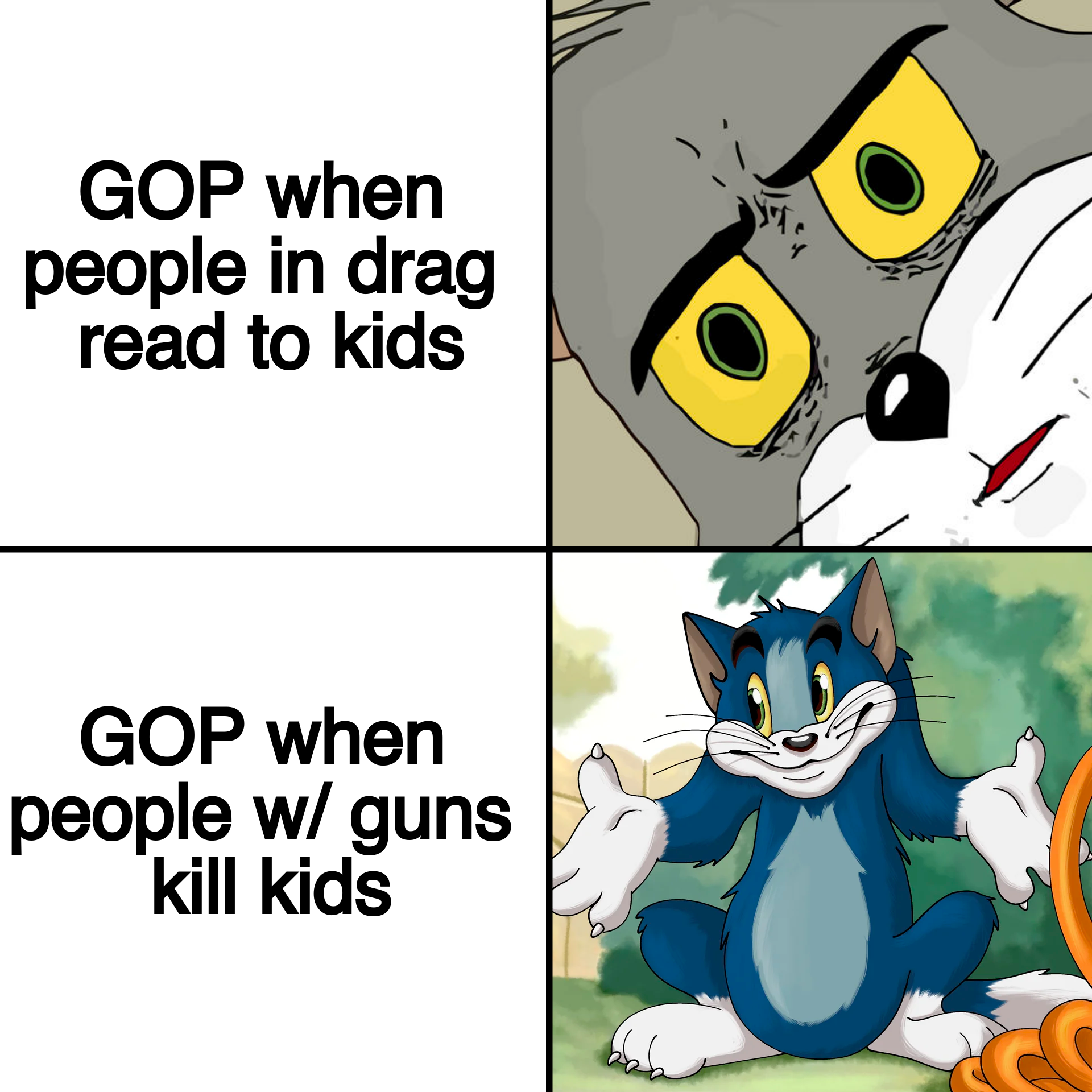 GOP when people in drag read to kids vs when people with guns kill kids meme