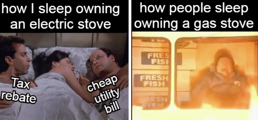 How I sleep owning an electric stove vs how people sleep owning a gas stove motion meme