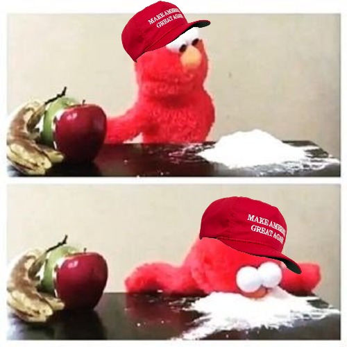 Elmo MAGA hat in pile of coke imgflip template meme
