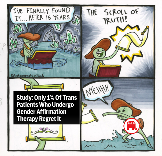 The scroll of truth: only 1% of trans patients who undergo gender affirmation therapy regret it meme