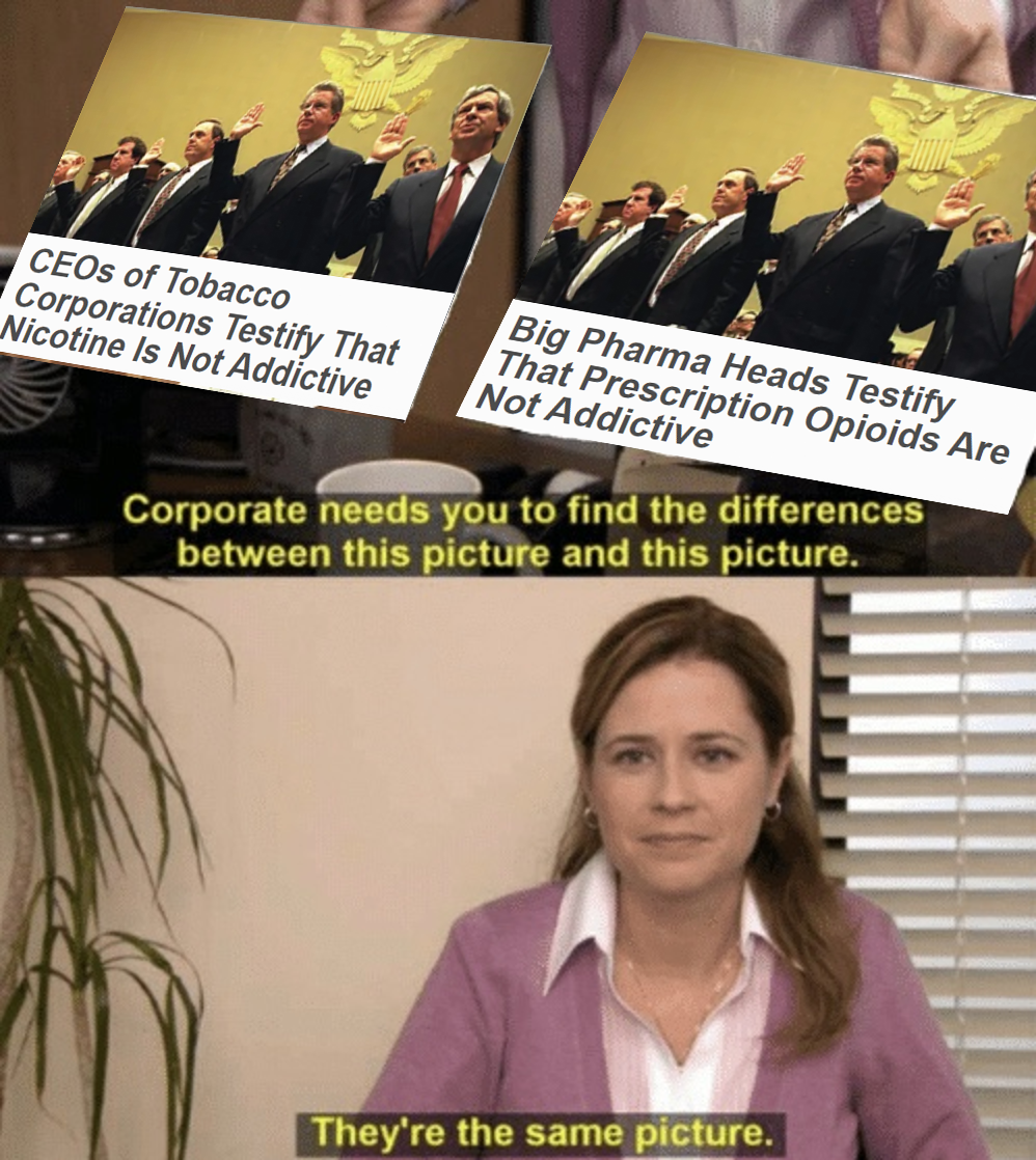 Big Tobacco and Big Pharma testifying meme