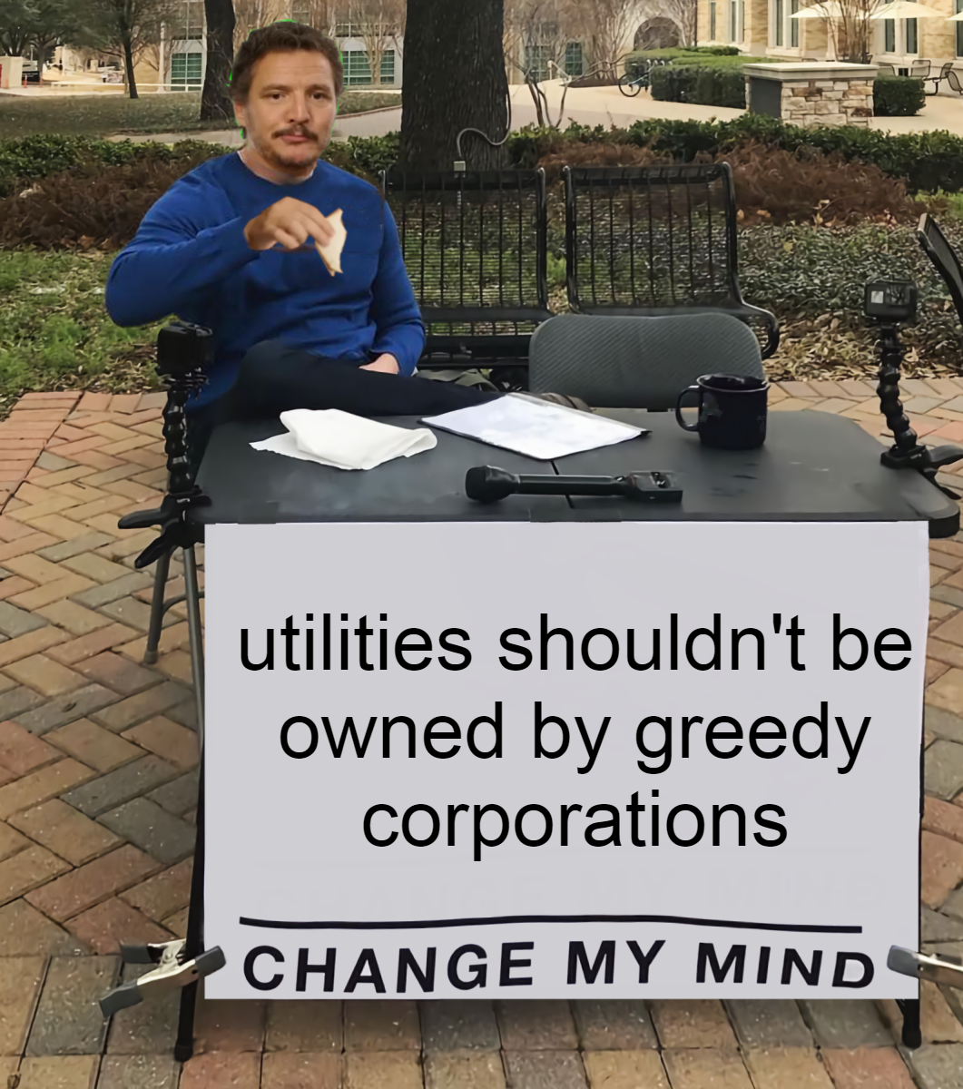 Utilities shouldn't be owned by greedy corporations meme