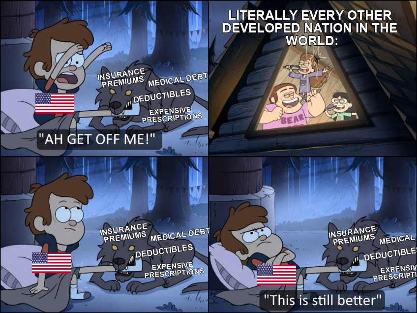 US sticking with insurance premiums, medical debt, deductibles, and expensive prescriptions meme