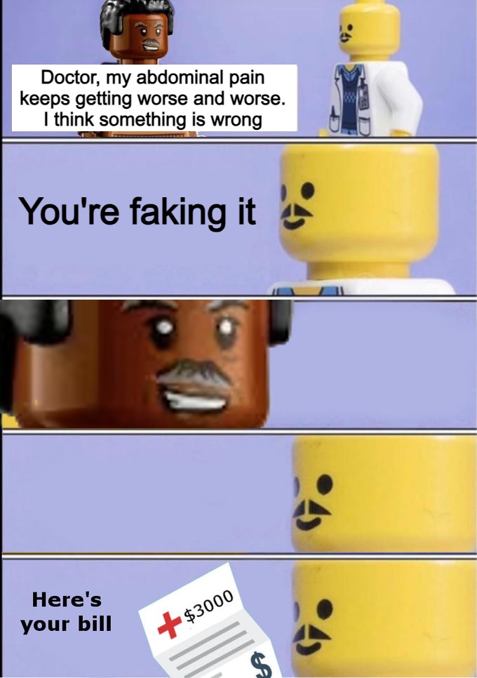 Doctor, my abdominal pain keeps getting worse meme