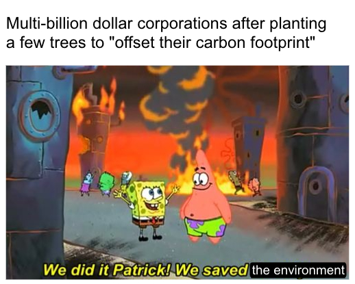Multi-billion dollar companies after planting a few trees to 'offset their carbon footprint' meme