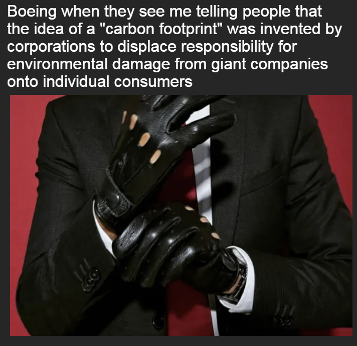 Boeing when they see me telling people that the idea of a 'carbon footprint' was invented by corporations meme