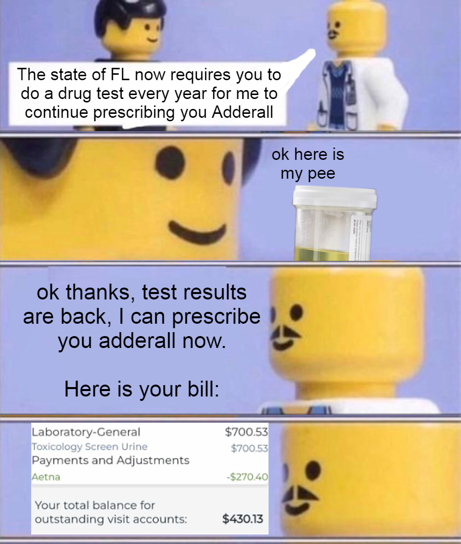 The state of FL now requires you to do a drug test every year for me to continue prescribing you Adderall meme
