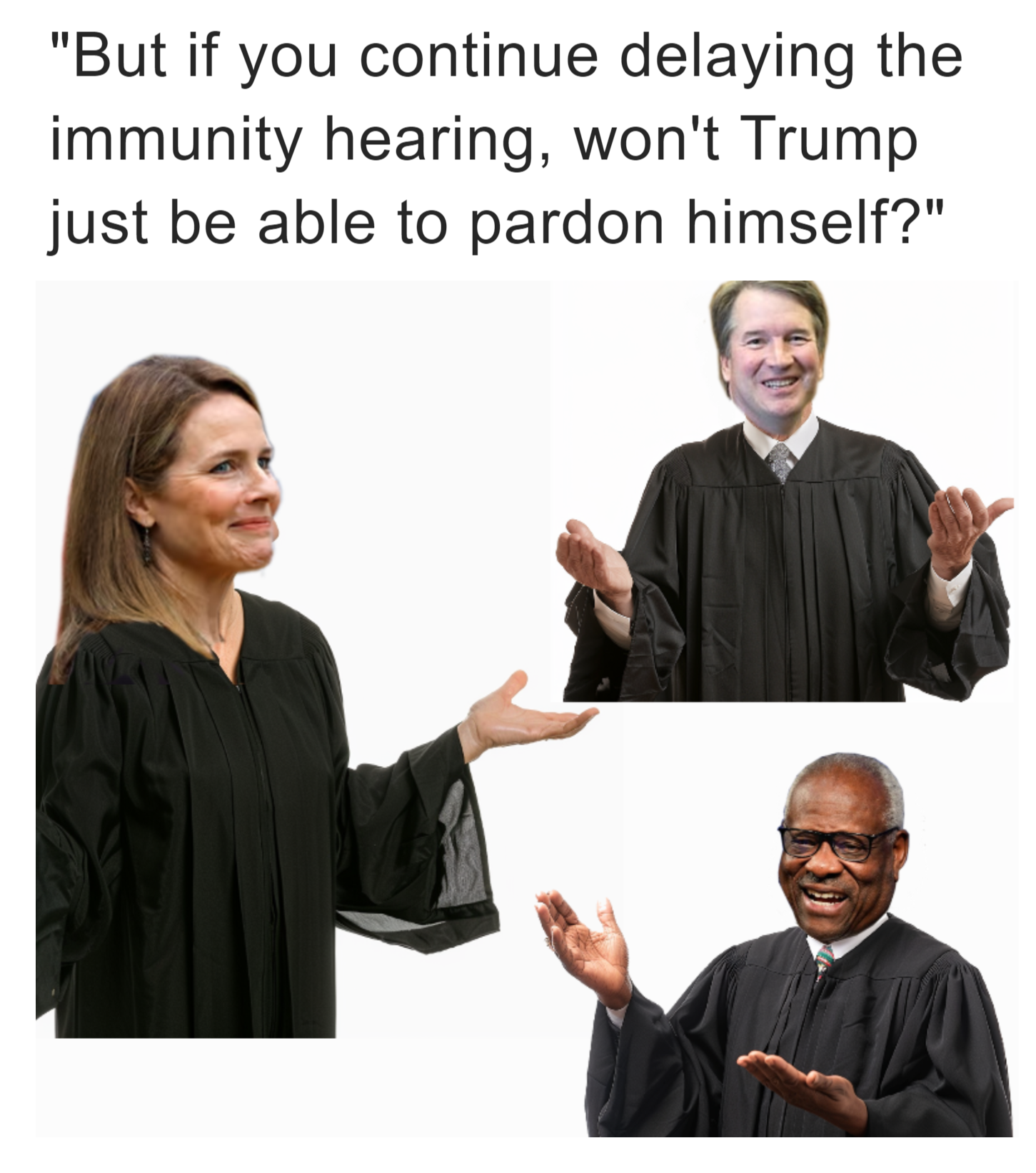 "But if you continue delaying the immunity hearing, won't Trump just be able to pardon himself?" meme